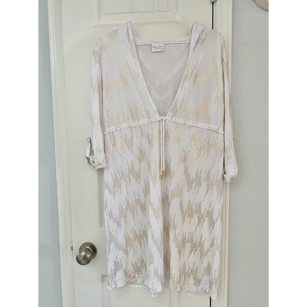 Lucy Love Hooded Swim Coverup Dress Women'sโ Large White Gold USA Made Y2k Boho